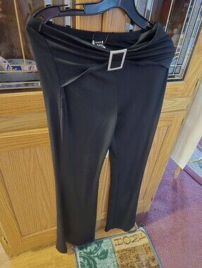 Black Rhinestone-Buckle Dress Pants for Women